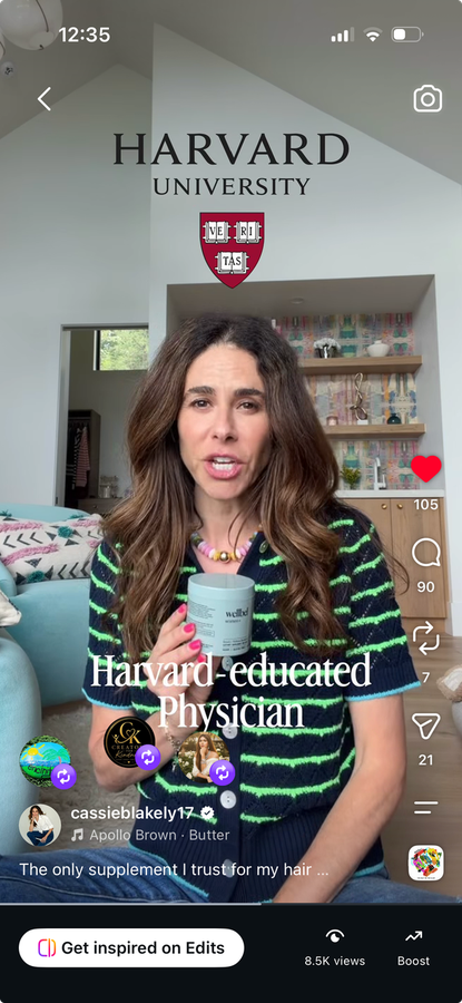 Instagram reel: Harvard-educated physician beauty brand recommendation